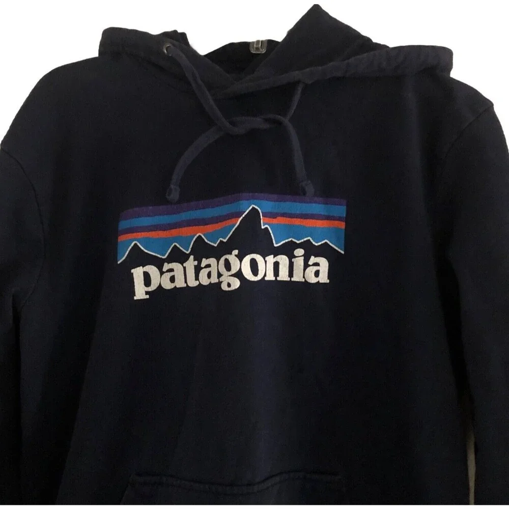 Patagonia P-6 Logo Uprisal Hoodie Sweatshirt Sz M Navy Blue Fitz Roy Thrashed